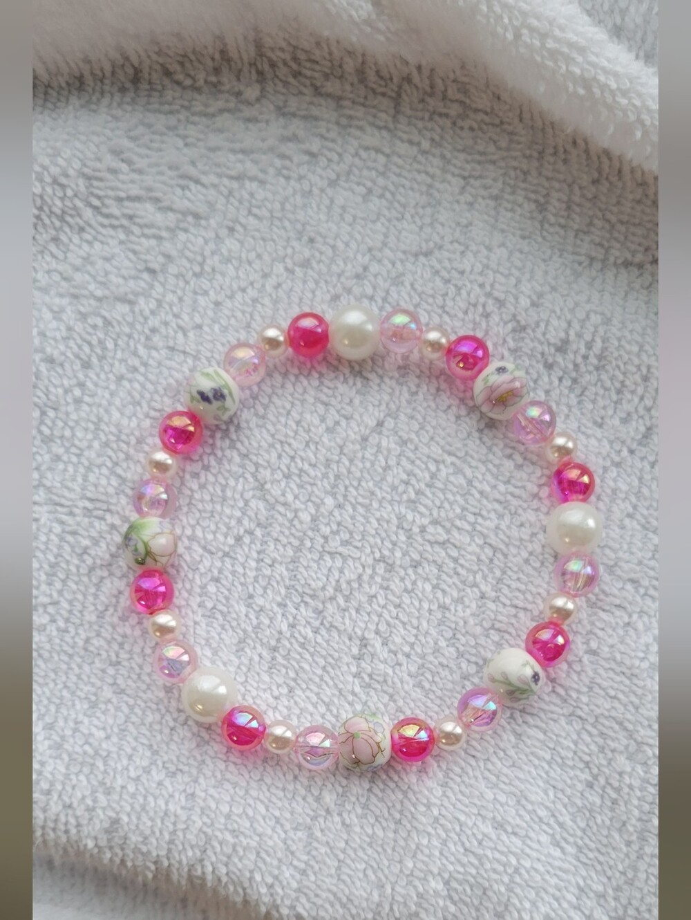 Pink Pearl & Floral Beaded Stretch Anklet. Handmade